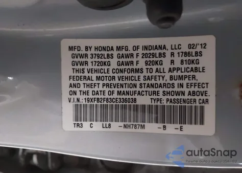 2012 Honda Civic Ex z USA, uszkodzony, nr VIN 19XFB2F83CE336038